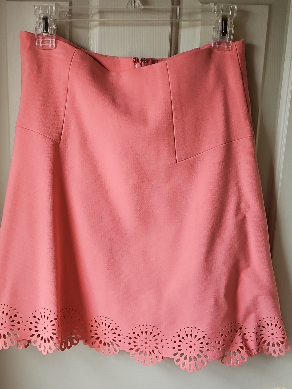 LOFT Coral Pink Stretchy A-Line Skirt with Laser-Cut Hem, 28 Inch Waist
